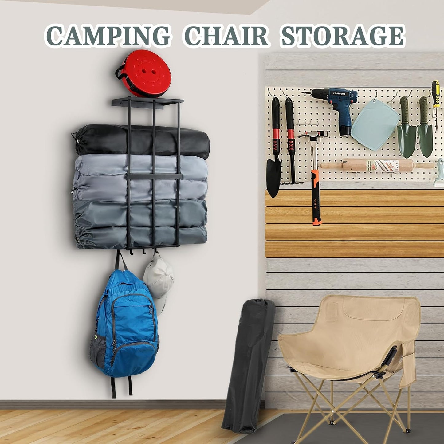 Skiennix Camping Chair Rack - Wall-Mounted Metal Organizer with 4 Hooks for Garage Storage