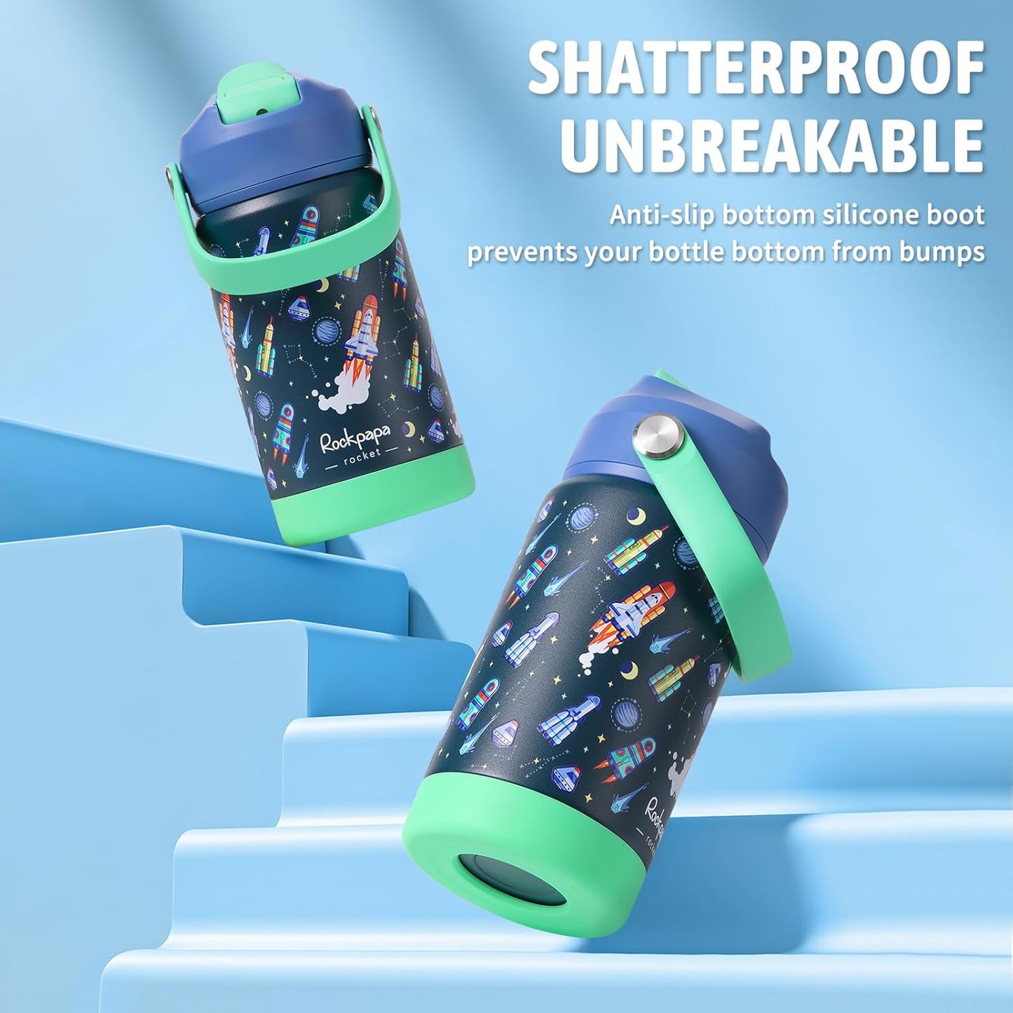 Rockpapa Kids Insulated Water Bottle - 14 oz Stainless Steel, BPA Free, Leak-Proof | Blue Rocket Design