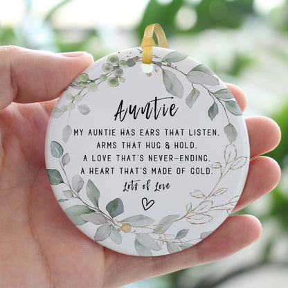 Auntie Ornaments Gift from Niece Nephew,2024 Great Aunt Pregnancy Ornaments,Best Aunt Ever Christmas Hanging,Round Aunt Ceramic Ornament Keepsake with Ribbon,Gift Box,Greeting Cards(2.9")