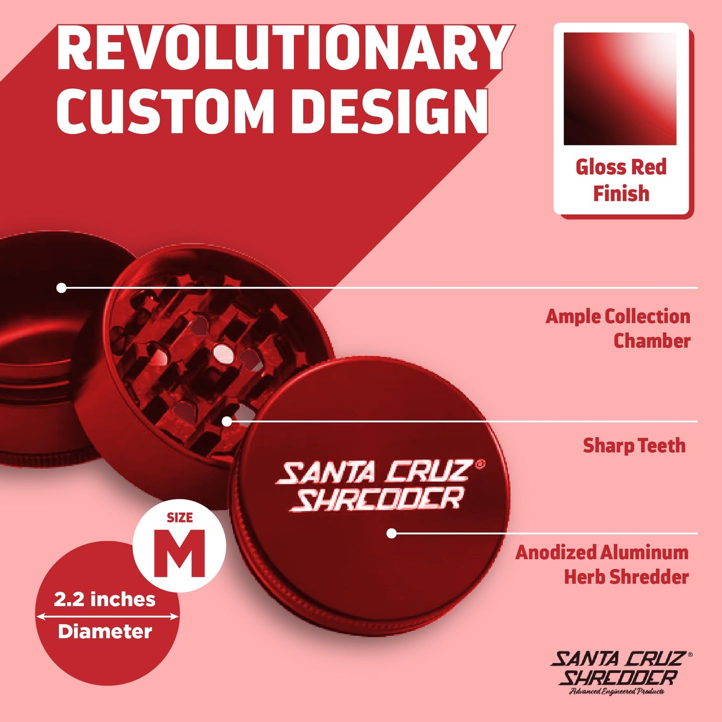 Santa Cruz Shredder Metal Herb Grinder Knurled Top for Stronger Grip 3-Piece Medium 2.2" (Red)