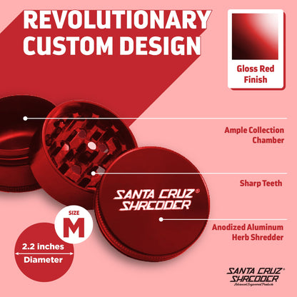 Santa Cruz Shredder Metal Herb Grinder Knurled Top for Stronger Grip 3-Piece Medium 2.2" (Red)