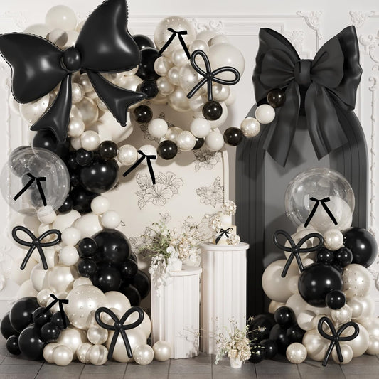 Skiennix Black Bow Birthday Decorations - 187-Piece Black and White Balloon Arch Kit with Pearl Balloons & Ribbons