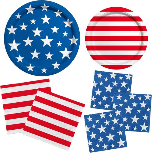 American Flag Party Supplies - Disposable Dinner & Dessert Paper Plates with Napkins | Serve 50 for Veterans Day & 4th of July