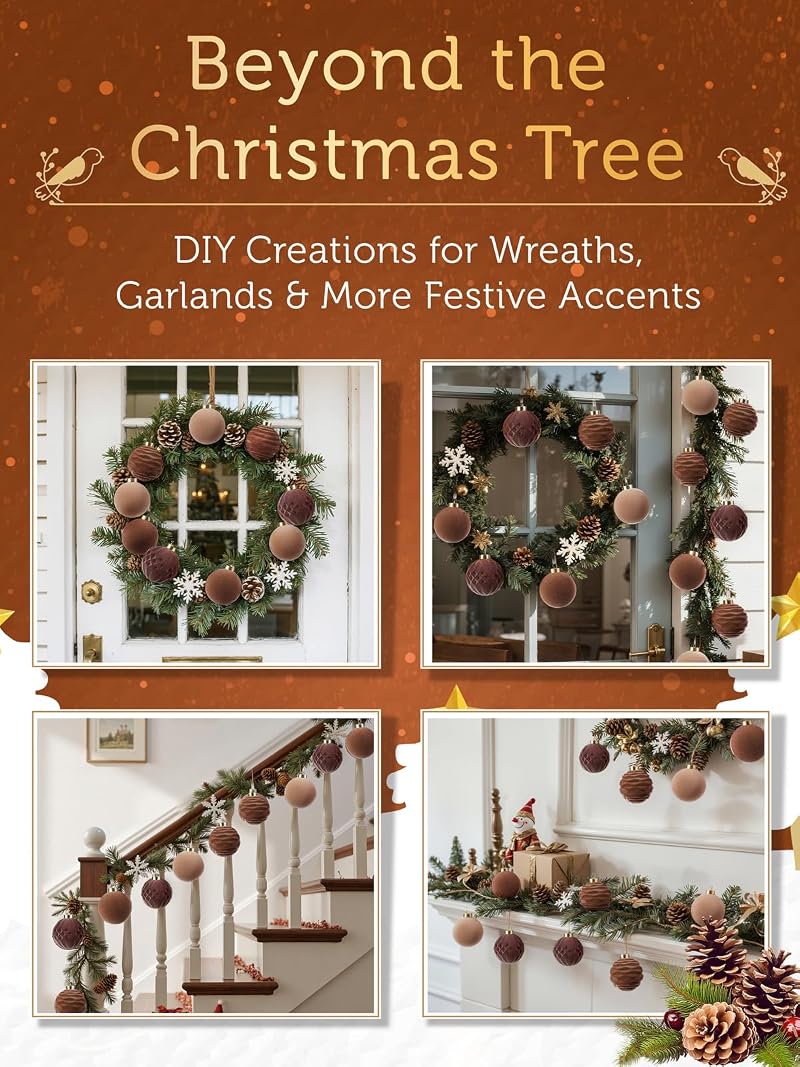 Brown Velvet Christmas Ornaments 3.15in - 12 Pcs Shatterproof, Neutral Round Balls (Variation: Brown+3.15inch)