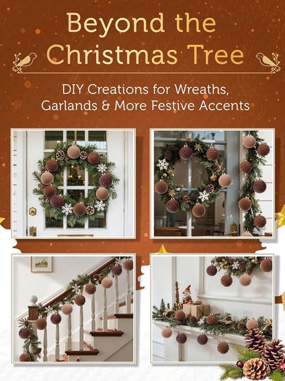 Brown Velvet Christmas Ornaments 3.15in - 12 Pcs Shatterproof, Neutral Round Balls (Variation: Brown+3.15inch)
