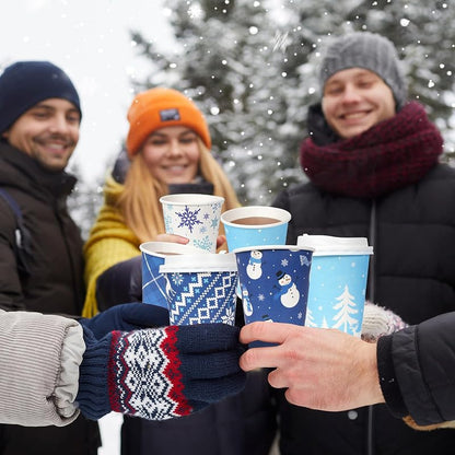 Blue Winter 12oz Christmas Coffee Cups with Lids - 100 Pack, 5 Styles