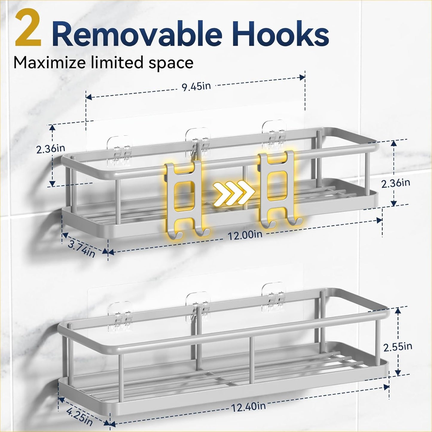 YASONIC Shower Caddy - No Drill Wall-Mounted Organizer with Removable Hooks - Rust Proof Grey, 2 Pack