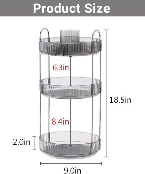 Asayuee 360 Rotating Makeup Organizer - Large 3-Tier Storage for Cosmetics & Skincare | Grey