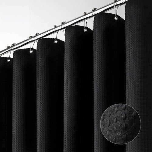 Dynamene Stall Black Fabric Shower Curtain - Waffle Textured Small Heavy Duty Cloth Shower Curtains for Bathroom, 256GSM Narrow Hotel Spa Luxury Bath Curtain Set with 6 Plastic Hooks(36Wx72H, Black)