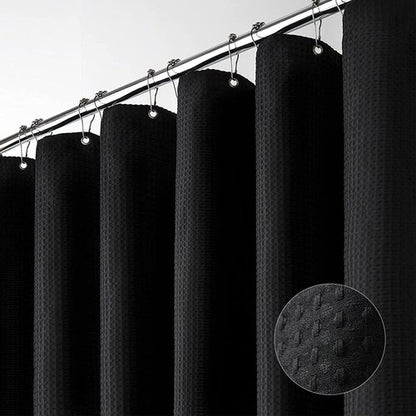 Dynamene Long Black Fabric Shower Curtain - Waffle Textured Tall Heavy Duty Cloth Shower Curtains for Bathroom, 256GSM Large Hotel Spa Luxury Bath Curtain Set with 12 Plastic Hooks(72Wx80H, Black)