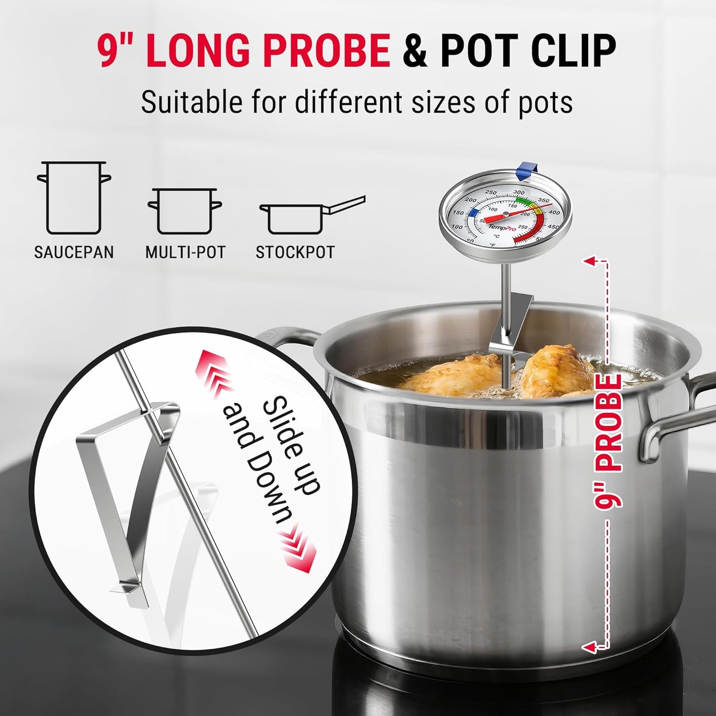 TempPro Candy Thermometer - 9" Long Probe with Pot Clip for Frying, Baking & Candy Making