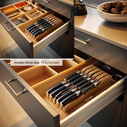 RAXCO Drawer Knife Set,13-Piece Stainless Steel Kitchen Knifes With Built-in Sharpener