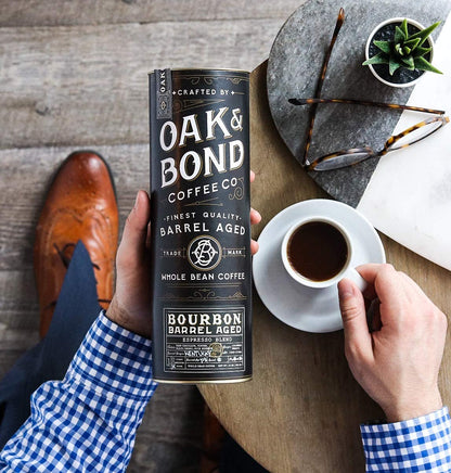 Espresso Bourbon Barrel Aged Coffee, Colombia & Brazil Blend, Whole Bean Arabica, Dark Roast w/ Chocolate, Black Cherry, Toffee, Rich Kentucky Bourbon & Oak Flavors by Oak & Bond Coffee Co. – 10oz.