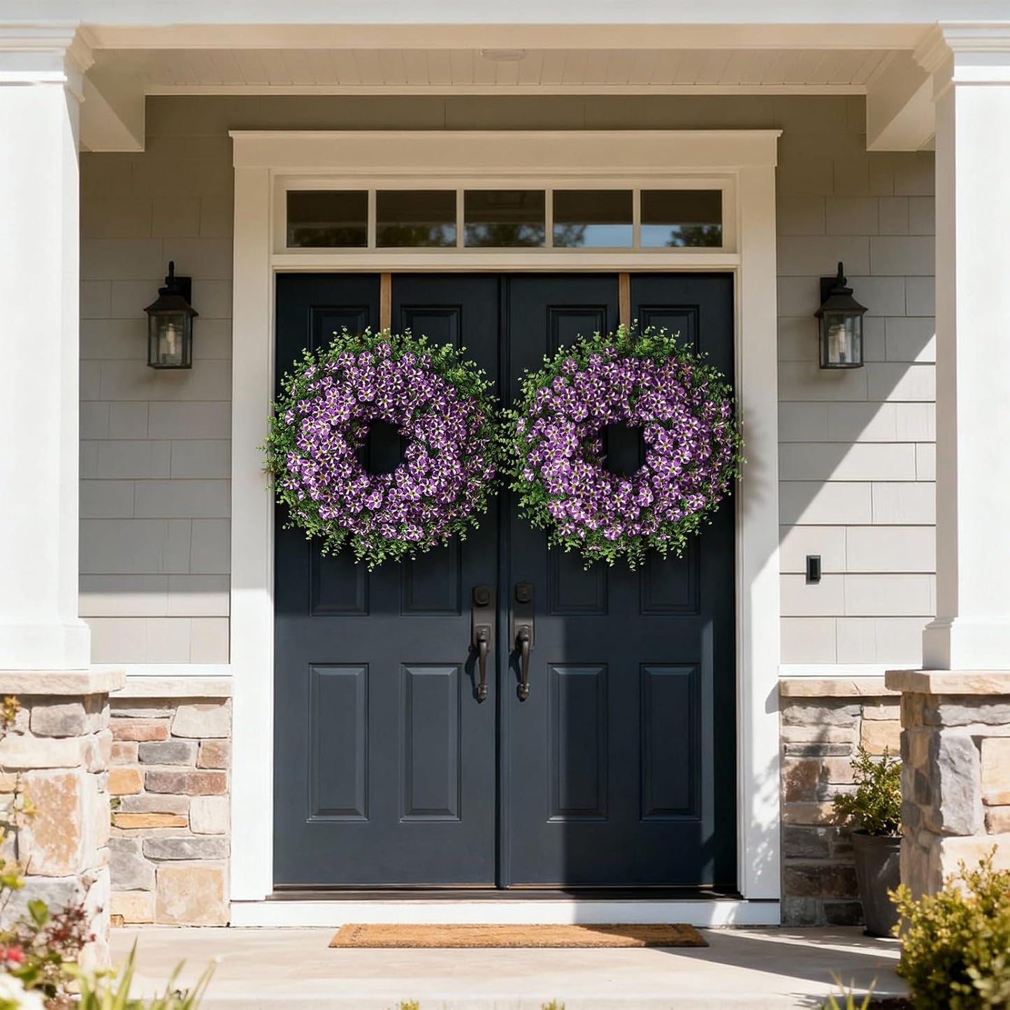 Skiennix 26" Large Artificial Eucalyptus Wreath - Realistic Faux Silk Morning Glory Flowers for Home & Wedding Decor (Purple)