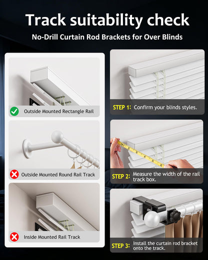 Over Blinds Curtain Rod Brackets for Outside Mounted, No-Drill Blinds Curtain Rod Holders for 1.3-2" Rectangular Headrails, Tool-Free & No Wall Damage, Apartment & Renter Friendly (Set of 3, Black)