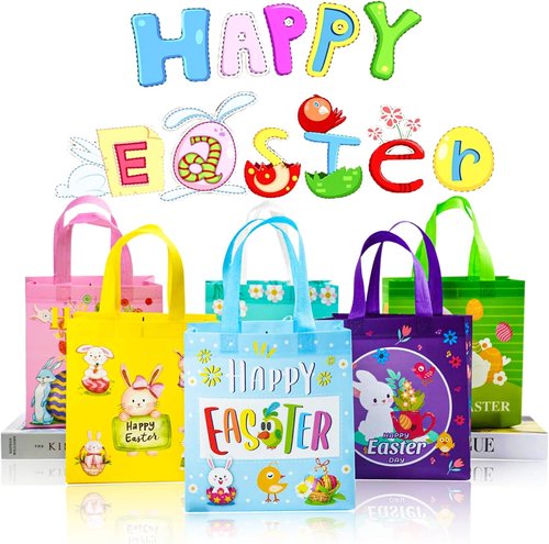 JWSCYSY 6Pcs Easter Non-woven Bags with Handle, Happy Easter Gift Bags for Kids, Treat Bags Rabbit Bunny, Reusable Easter Goodie Bags-Waterproof
