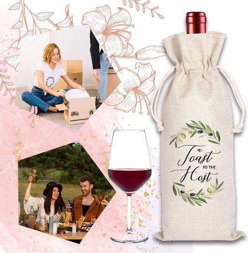A Toast For the Host Wine Bag, Housewarming, Party Decor, Bridal Shower, Gift for Her, Hostess, Wedding, Girls Night, Holiday, Thank you Gift (Beige01, 13.5 x 5.5Inches)