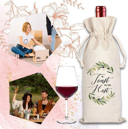 A Toast For the Host Wine Bag, Housewarming, Party Decor, Bridal Shower, Gift for Her, Hostess, Wedding, Girls Night, Holiday, Thank you Gift (Beige01, 13.5 x 5.5Inches)