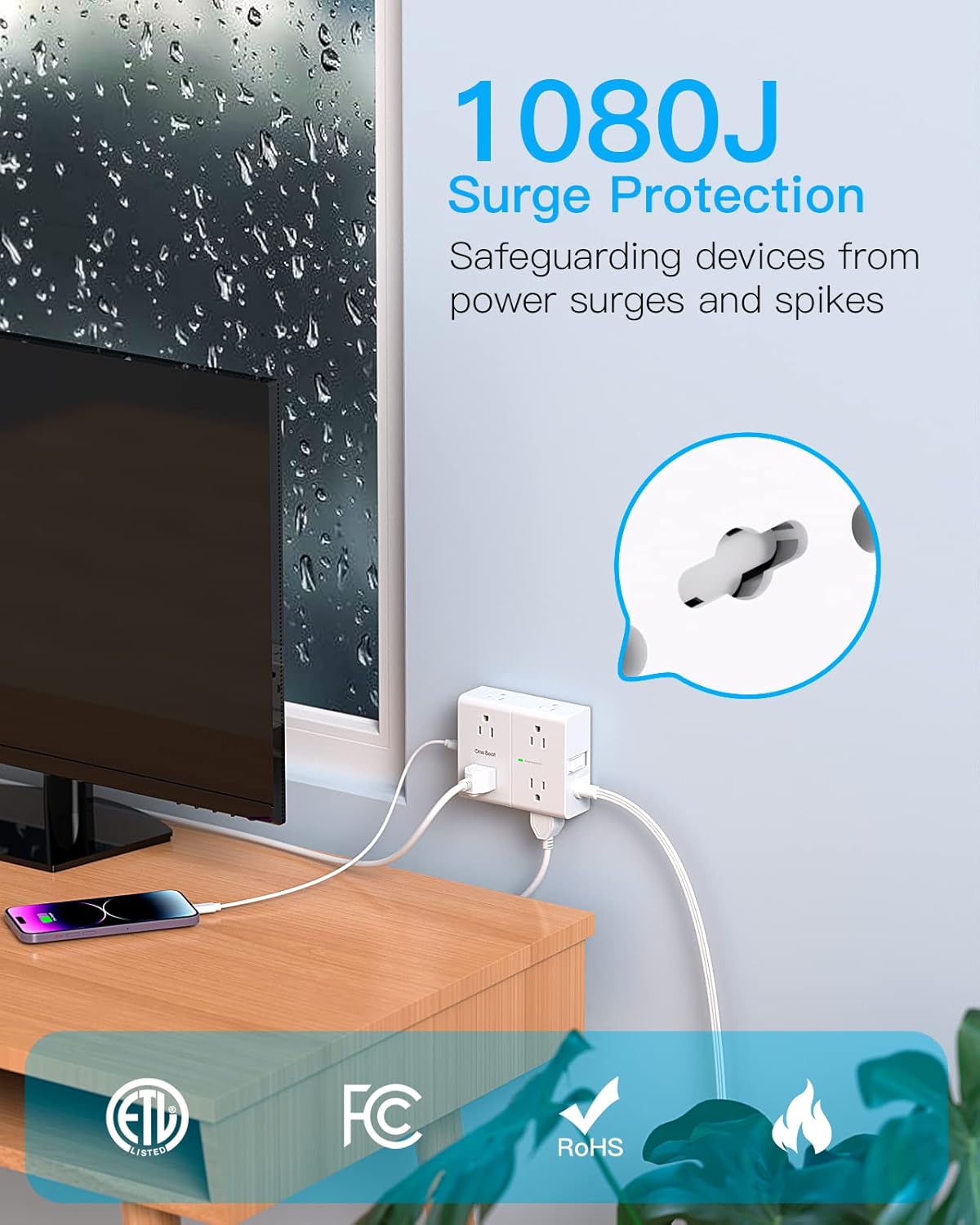 Skiennix Surge Protector Power Strip - 15 ft Cord with 8 Outlets & 4 USB Ports | Ideal for Home & Office