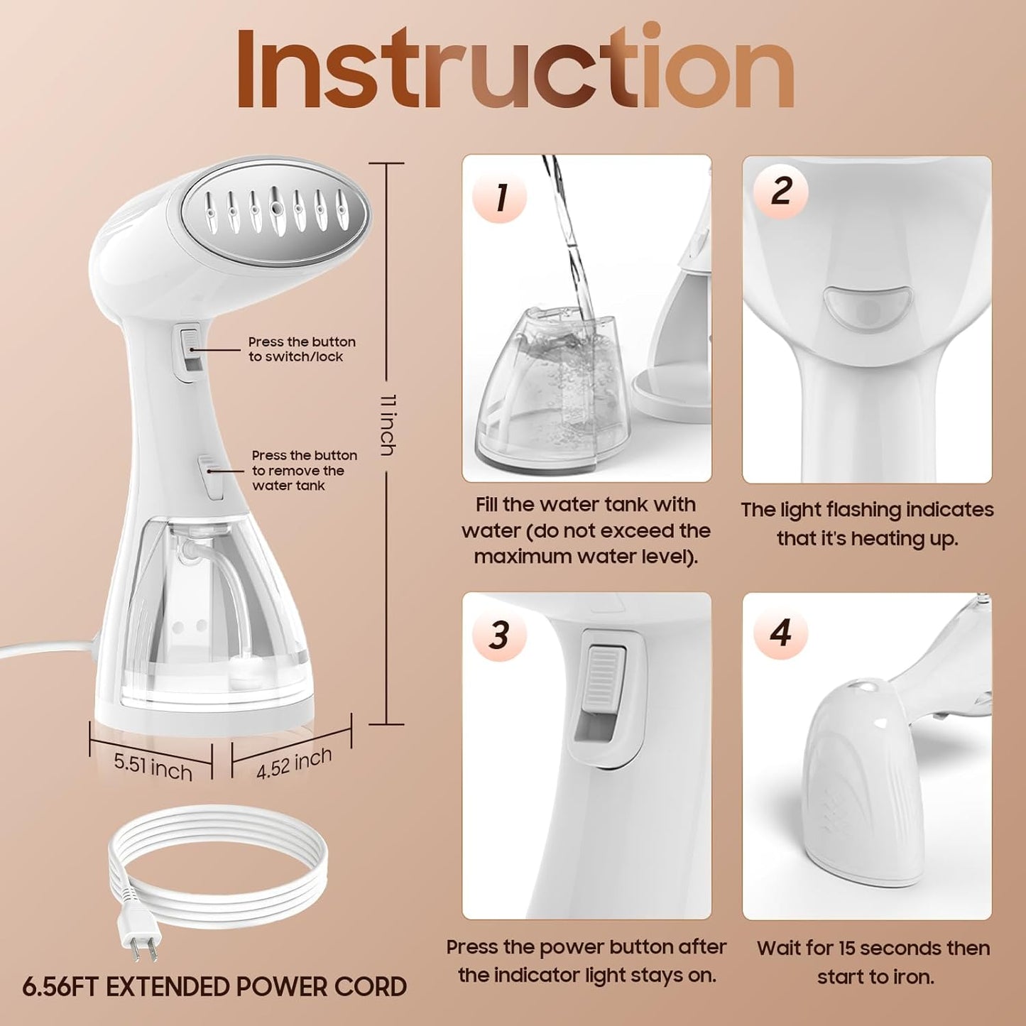 Skiennix Portable Handheld Clothes Steamer - 1350W Rapid Heating, Large Capacity, Fast Wrinkle Remover for Travel