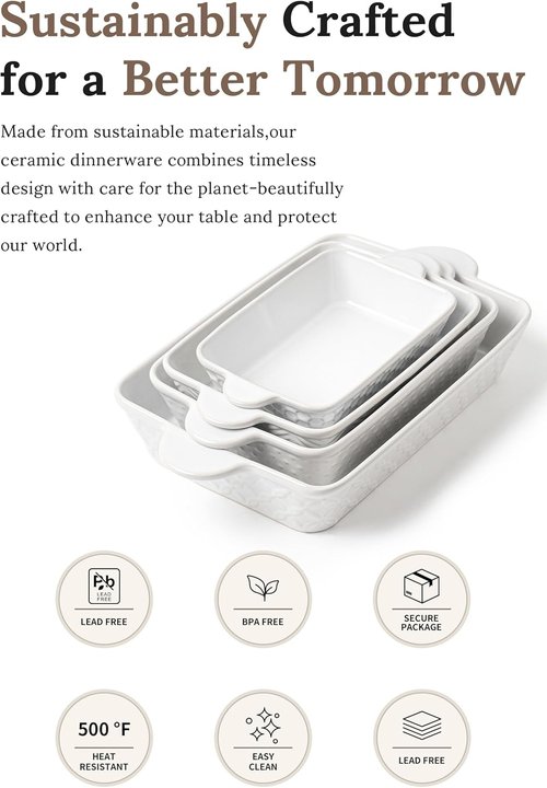 FOBENTA Casserole Dishes - Set of 4 Ceramic Bakeware with Handles | Rectangular Lasagna Pans for Kitchen & Gifts