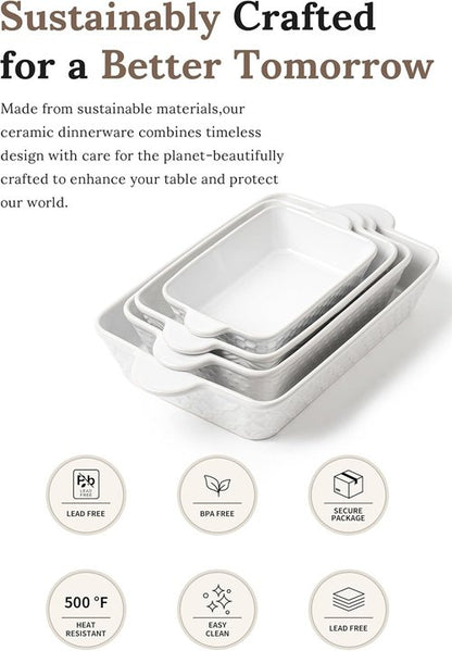 FOBENTA Casserole Dishes - Set of 4 Ceramic Bakeware with Handles | Rectangular Lasagna Pans for Kitchen & Gifts