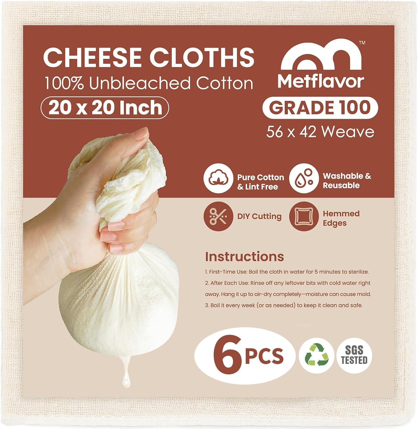Skiennix 6Pcs Reusable Cheesecloth - Ultra-Dense 100% Unbleached Cotton Strainer, 20x20 Inch