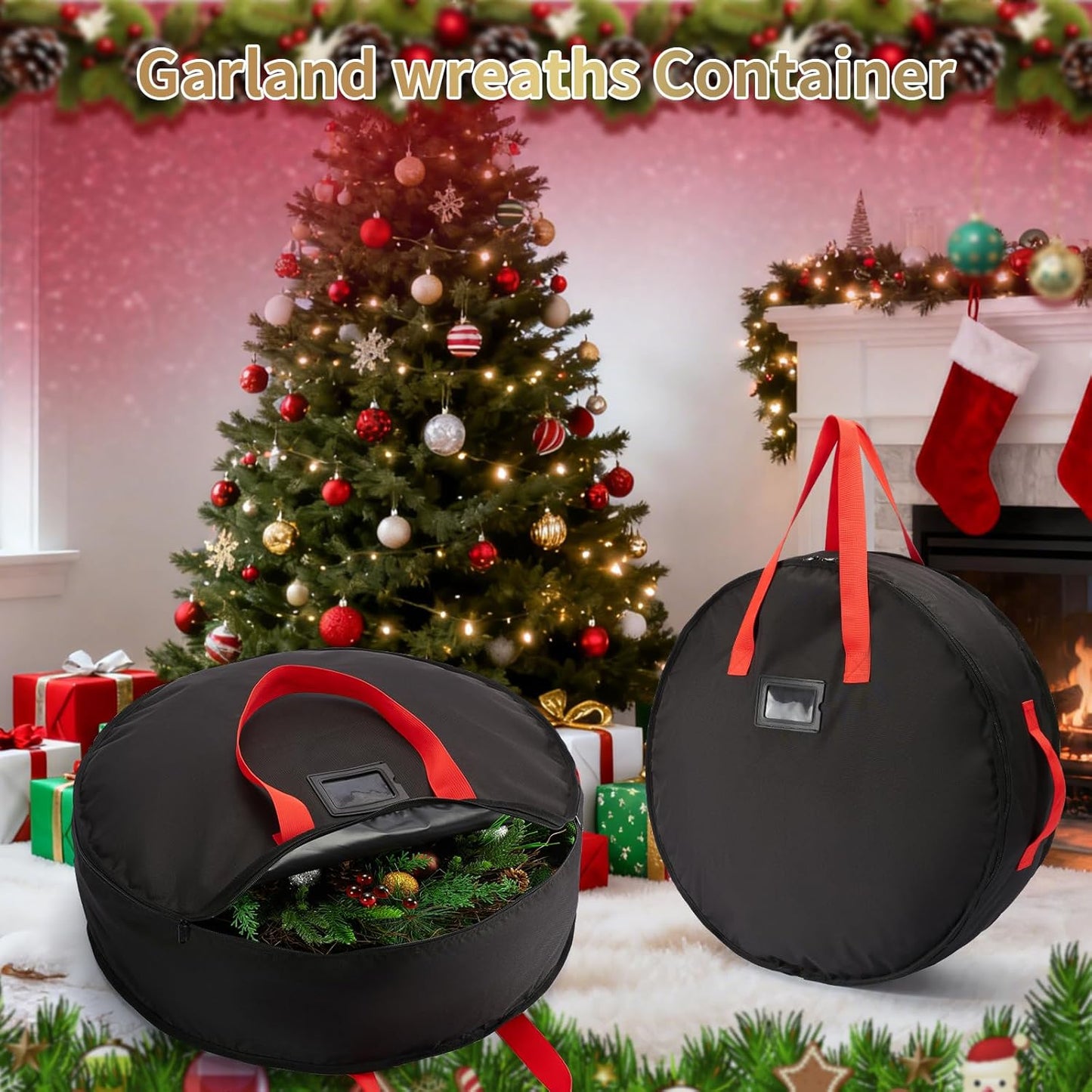 Skiennix Wreath Storage Bag - Heavy-Duty 24" Container for Christmas & Holiday Ornaments - Black