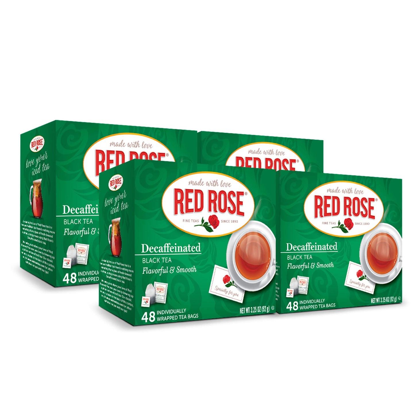 Red Rose Naturally Decaffeinated Black Tea Specially Blended Strong Black Tea with 48 Individually Wrapped Tea Bags Per Box (Pack of 4) Brew Hot/Cold Decaf Black Tea Full-bodied Flavorful Black Tea