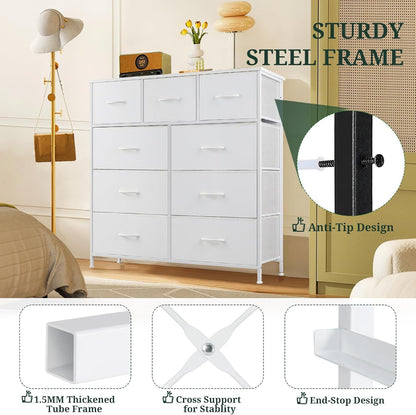 Regine Switzerland 9-Drawer Dresser - Anti-Tip Storage Organizer with Wooden Top & Metal Frame | White