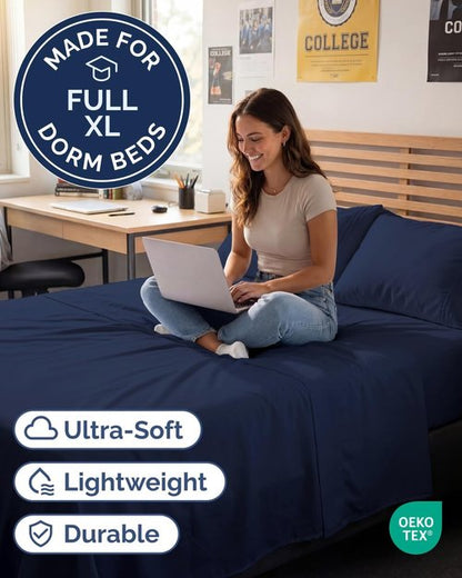 Full XL Bed Sheet Set by Hotel Luxury | 4-Piece Soft, Breathable & Cooling Bedding - Deep Pockets, Navy Blue
