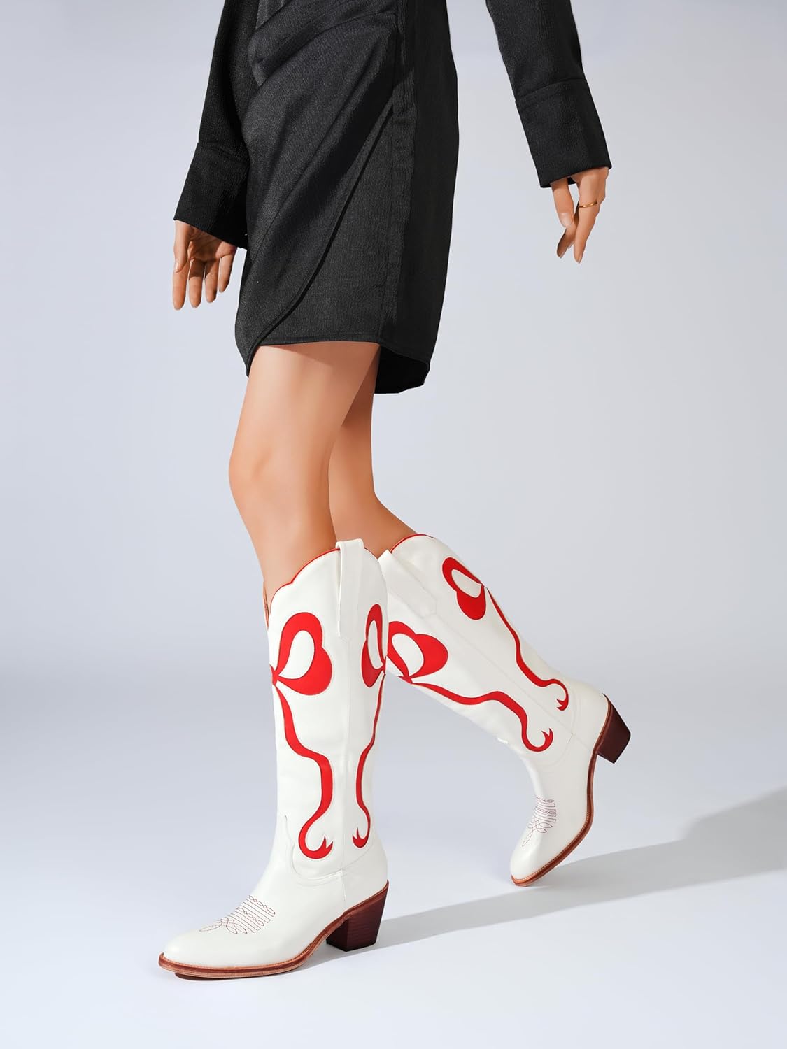Skiennix Women's White Cowgirl Boots - Knee High, Almond Round Toe, Chunky Heel, Embroidered Design
