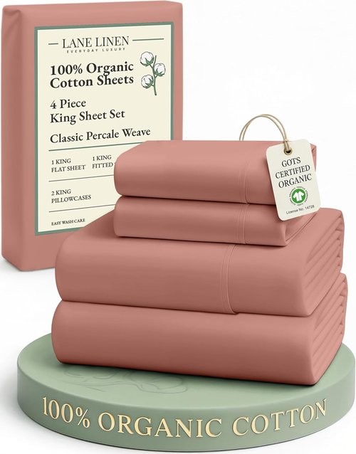 Lane Linen 100% Organic Cotton King Sheet Set - Fully Elasticized, Fade Resistant & Naturally Cooling - Rose Dawn