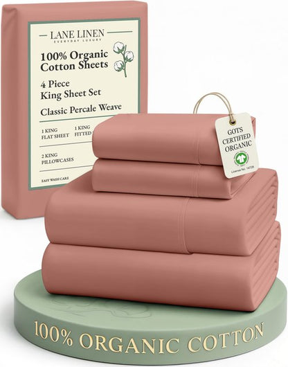LANE LINEN 100% Organic Cotton Fully Elasticized King Sheet Set, Low Pilling Fade Resistant Machine Washable Naturally Cooling King Bedding Set, Mercerized Soft & Comfy Cotton Sheets – Rose Dawn
