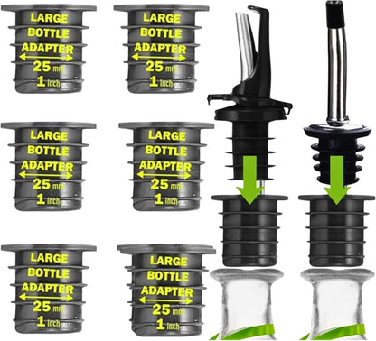 Poura Liquor Pourer Adapters 6 Pack – BPA-Free Natural Rubber – Fits Large Bottles up to 1 Inch Neck – Convert Oil or Liquor Pour Spouts – Secure Fit for XL Bottles – Black