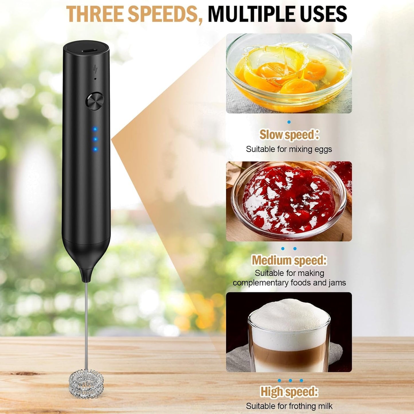 Skiennix Rechargeable Milk Frother - Handheld Electric Whisk with 3 Speeds & 2 Heads | Black