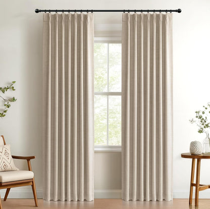 Skiennix 100% Blackout Curtains - Faux Linen Pinch Pleated Drapes, 84" Long | Oatmeal, 2 Panels Set
