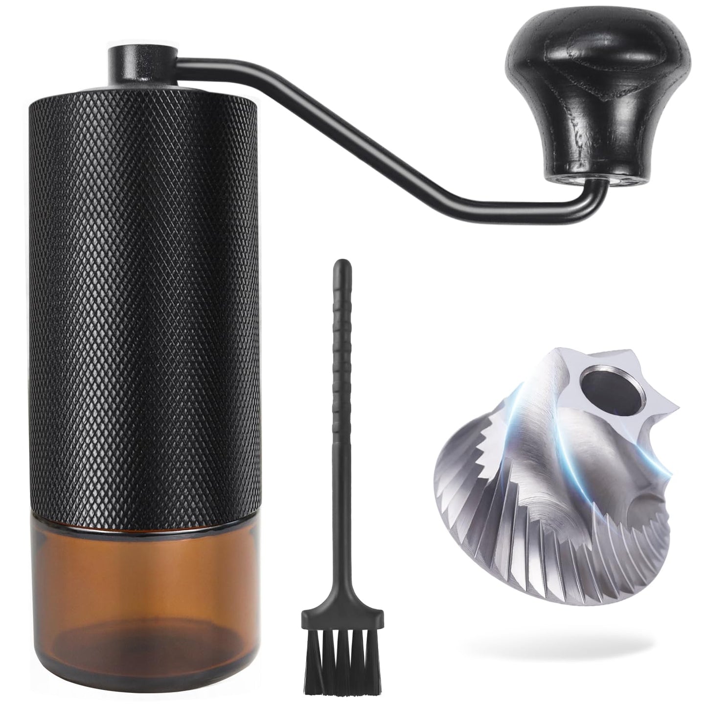 TRINIDa Manual Coffee Grinder, Premium 420 SUS CNC 38mm Burr Coffee Bean Grinder with Visible Glass Bin, Adjustable Small Burr Coffee Bean Grinders for Camping and Travelling