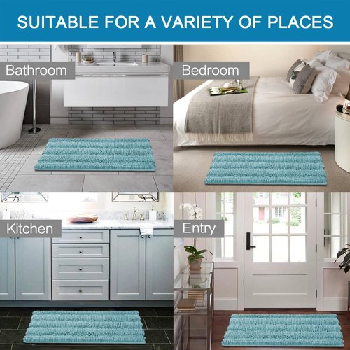 H.VERSAILTEX Bathroom Rugs Bath Mats Sets Super Absorbent Chenille Striped Bath Mats Non Skid Machine Wash Dry Rugs for Bathroom Floor Set of 2(Aqua Haze, 24 x 36 Plus 20 x 32 - Inches)