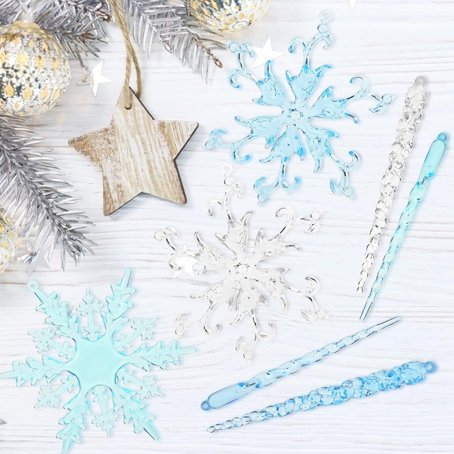 VGOODALL Clear Snowflake & Icicle Ornaments - 36PCS Acrylic Christmas Tree Decorations | Gold & Silver Strings