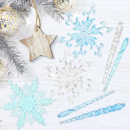 VGOODALL Clear Snowflake & Icicle Ornaments - 36PCS Acrylic Christmas Tree Decorations | Gold & Silver Strings