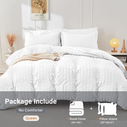 HYMOKEGE White Duvet Cover Queen Size, Ultra Soft 3-Piece Seersucker Duvet Cover Set with Zipper Closure, Soft Brushed Microfiber Bedding Set with 8 Corner Ties (90"x90", 2 Pillowshams)