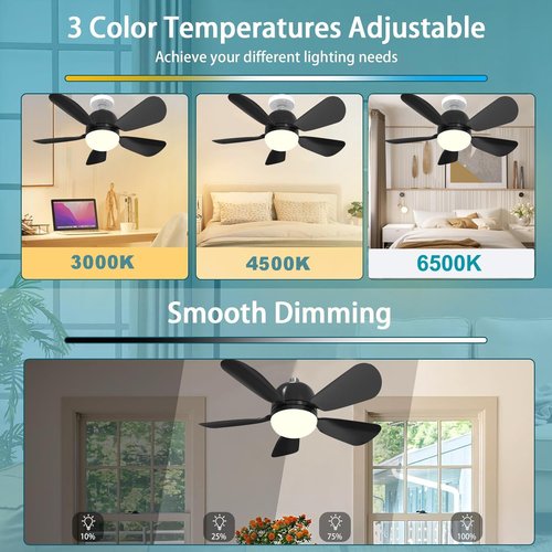 2Pack Socket Fan Light, Ceiling Fans With Lights and Remote, E26 Screw-in Socket Ceiling Fan Bulb With Dimmable LED, Airflow Quiet Fan for Bedroom Living Room Kitchen - Black