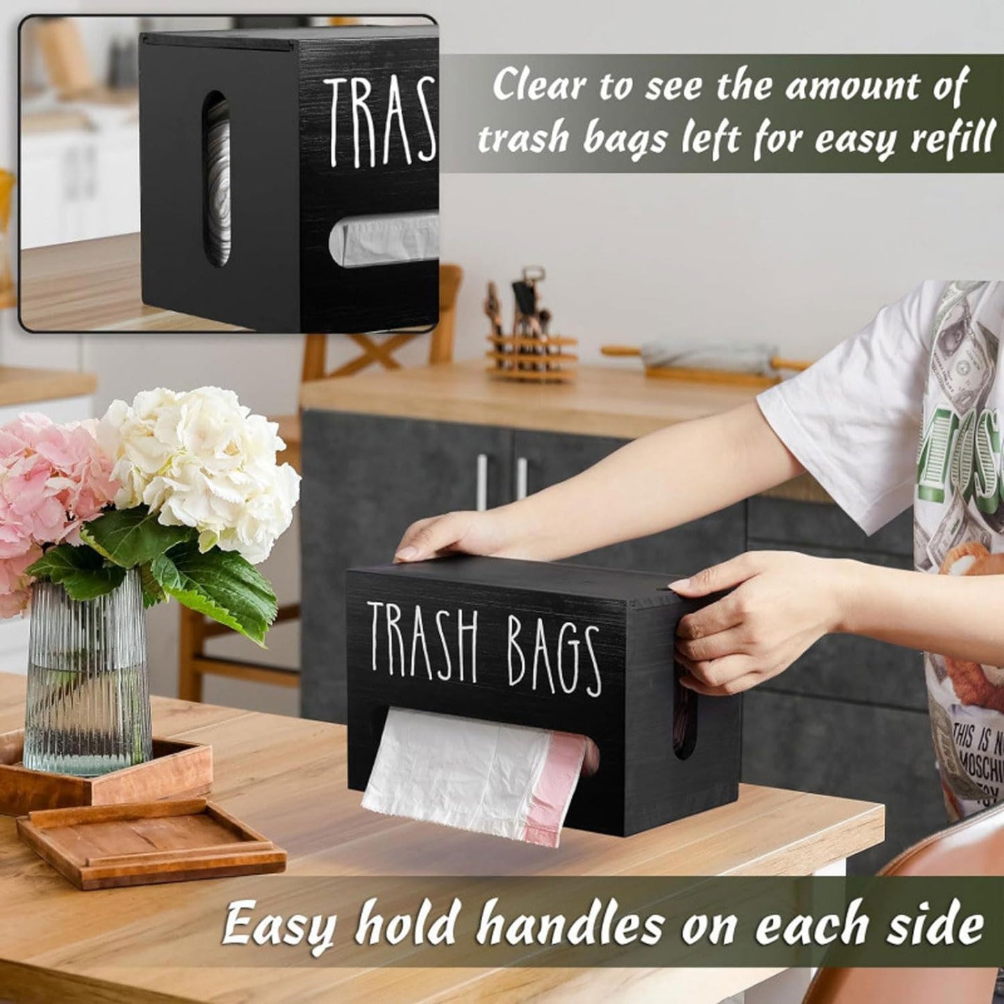 Wooden Trash Bag Dispenser, Trash Bag Holder Wall Mount, Garbage Bag Holder for Cabinet, Farmhouse Plastic Bag Holder for Kitchen Countertop, Under Sink Laundry Room Storage (Black)