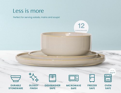 Kook 12-Piece Dinnerware Set - Service for 4 with Ceramic Plates & Soup Bowls | Somerset Collection (Beige)