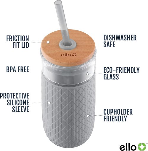 Ello Devon 18oz Glass Tumbler - Bamboo Lid & Silicone Sleeve | Ideal for Iced Coffee, Tea & Smoothies