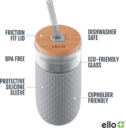 Ello Devon 18oz Glass Tumbler - Bamboo Lid & Silicone Sleeve | Ideal for Iced Coffee, Tea & Smoothies