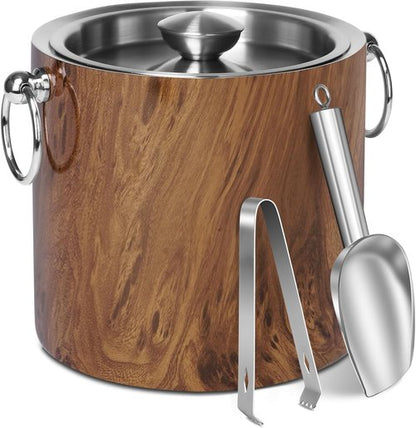Ice Bucket with Lid & Tong- Well Made Insulated Stainless Steel Keep Ice Frozen Longer - Ideal for Cocktail Bar, Parties, Chilling Wine, Champagne - 3 Liter (Teakwood)