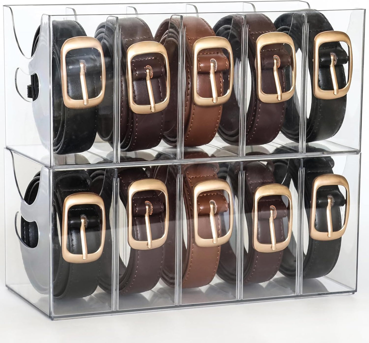 Skiennix Belt Organizer - 2 Pack Clear Stackable Storage Solution | 5 Compartments with Removable Dividers for Ties, Socks, Underwear