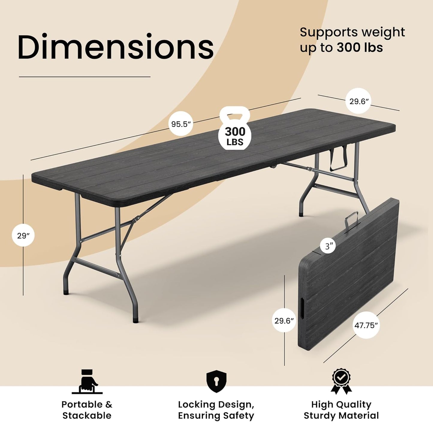 Modern Space 8 Feet Foldable Table - Heavy Duty Portable Design with Built-In Handle | Ideal for Events, Picnics, and More